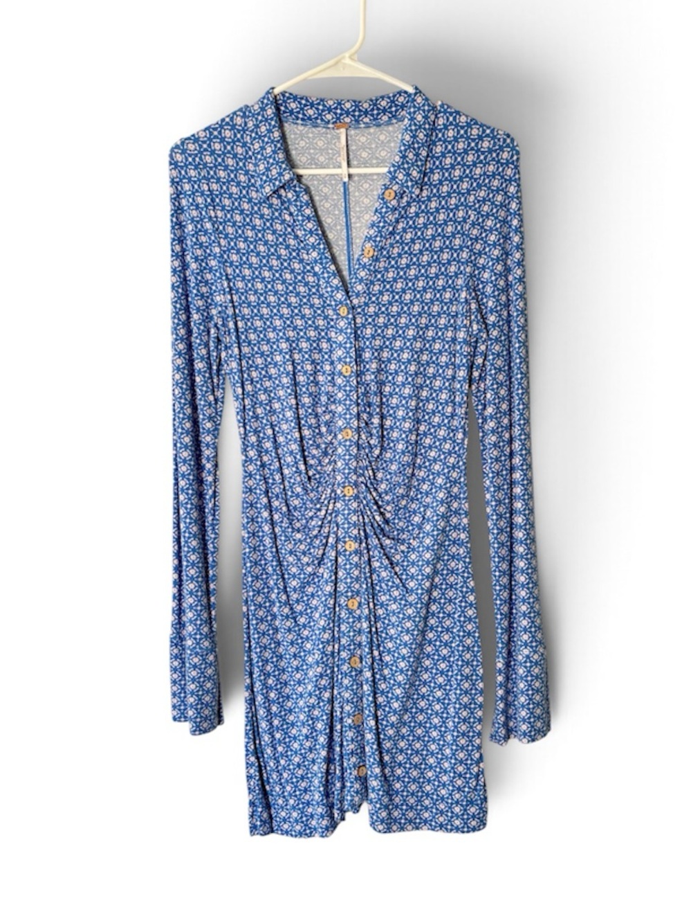 Free People Shayla Ruched Mini Button Dress Printed Long-Sleeve Boho